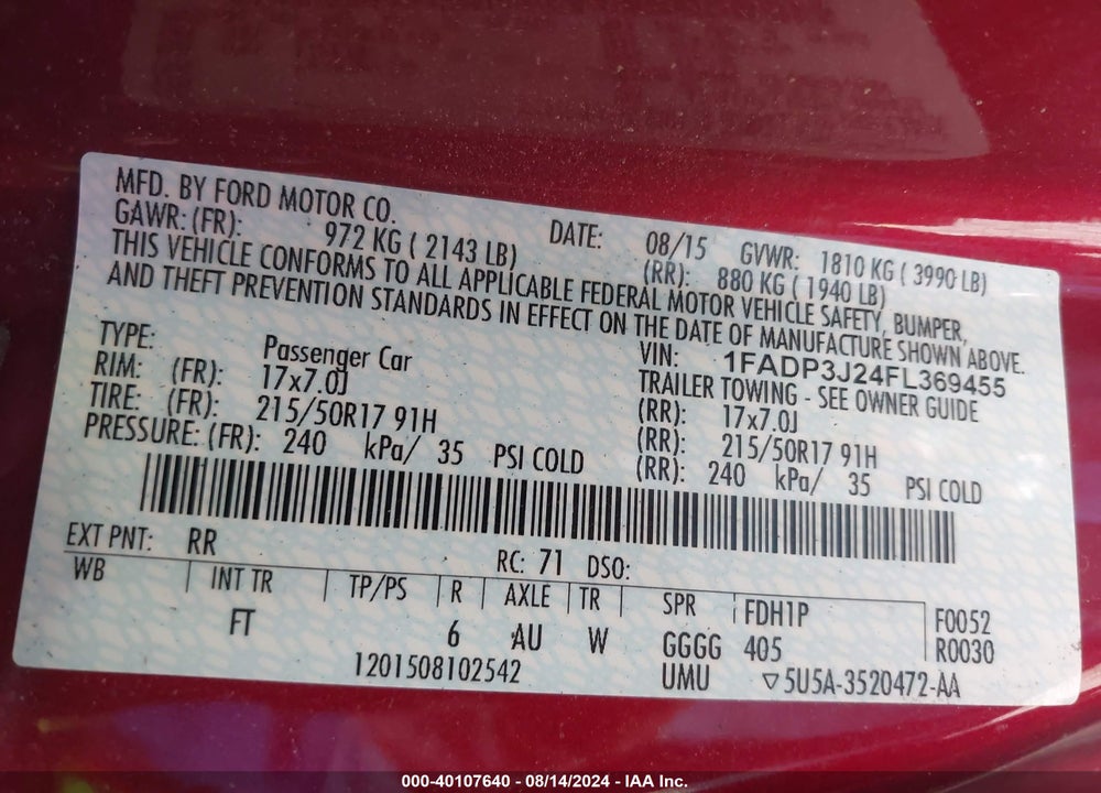 2015 FORD FOCUS TITANIUM VIN: 1FADP3J24FL369455