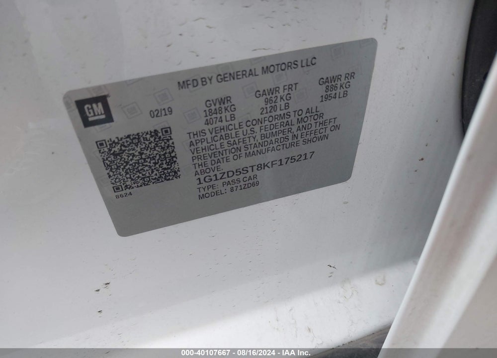 2019 CHEVROLET MALIBU LT VIN: 1G1ZD5ST8KF175217