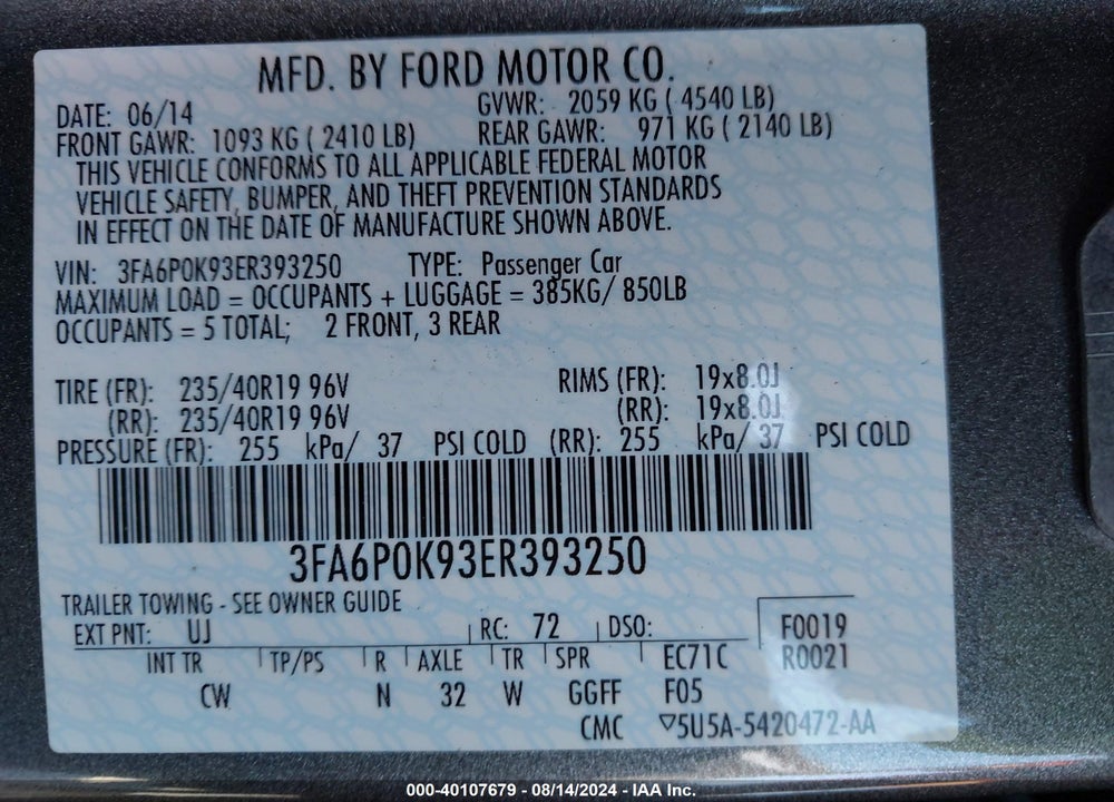 2014 FORD FUSION TITANIUM VIN: 3FA6P0K93ER393250