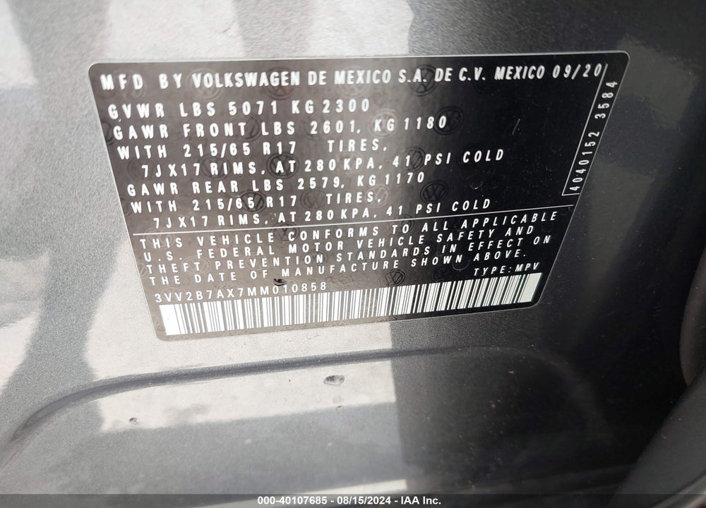 2021 VOLKSWAGEN TIGUAN 2.0T SE/2.0T SE R-LINE BLACK/2.0T SEL VIN: 3VV2B7AX7MM010858