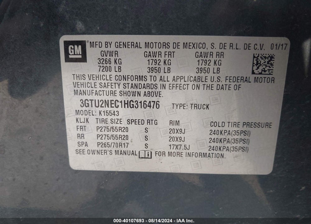 2017 GMC SIERRA 1500 SLT VIN: 3GTU2NEC1HG316476