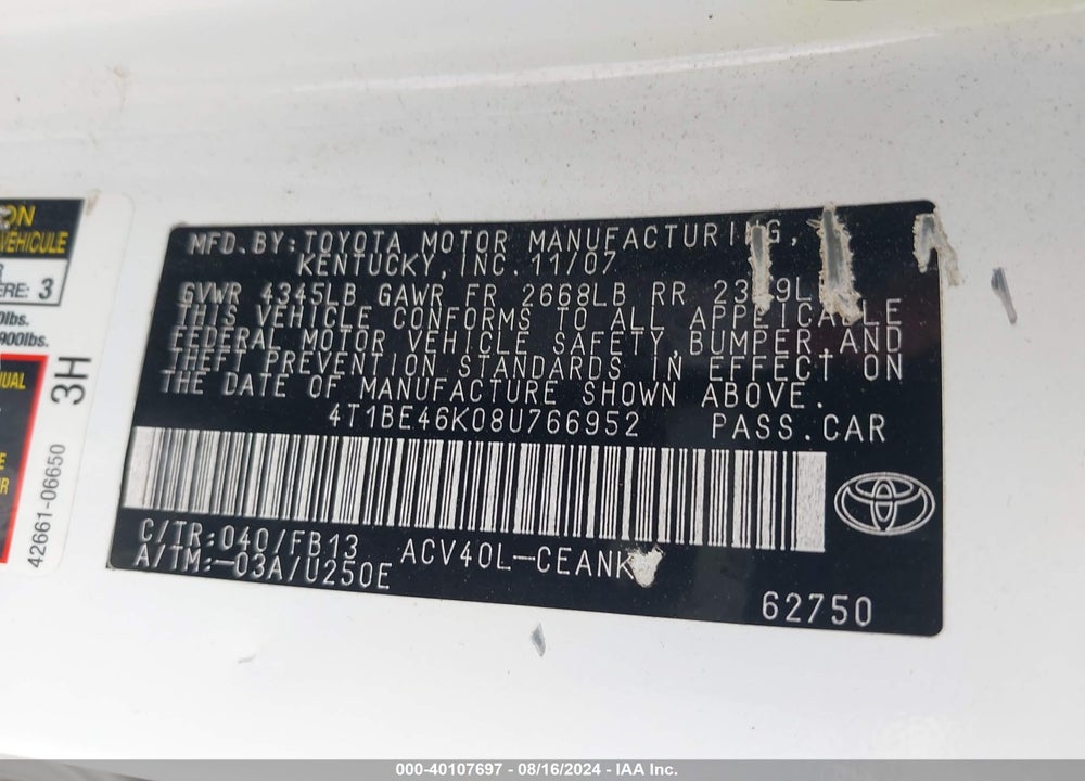 2008 TOYOTA CAMRY LE VIN: 4T1BE46K08U766952
