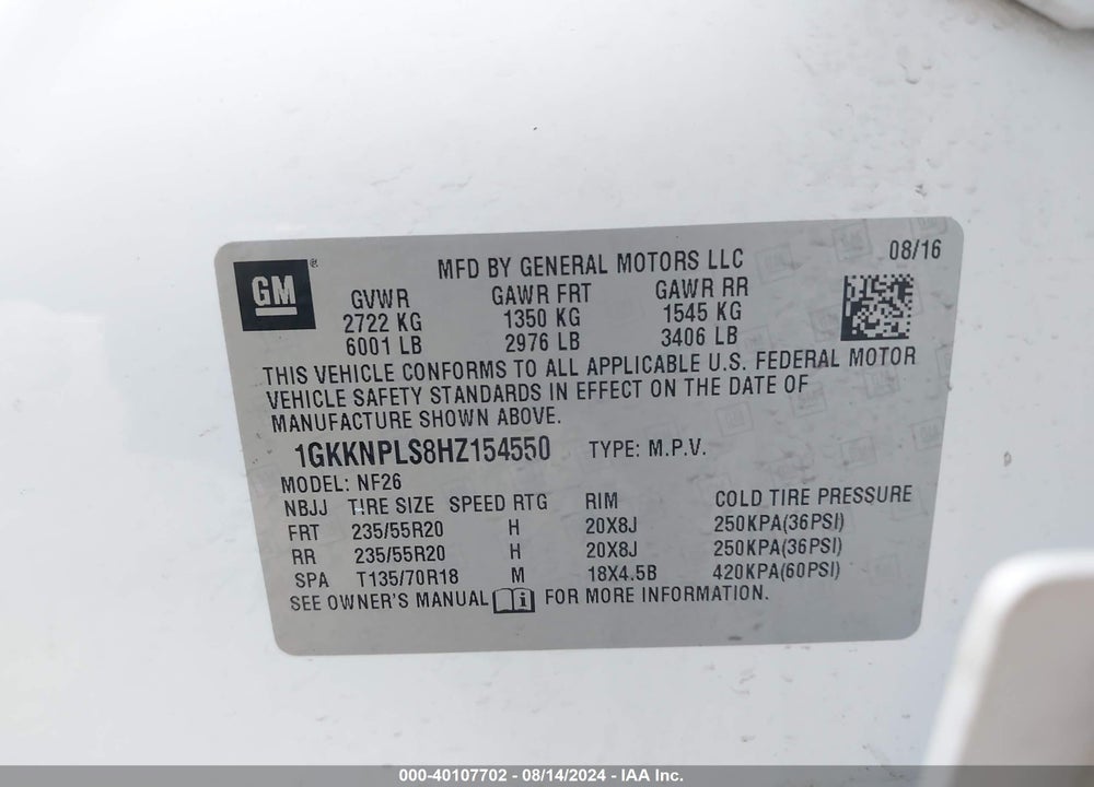 2017 GMC ACADIA DENALI VIN: 1GKKNPLS8HZ154550
