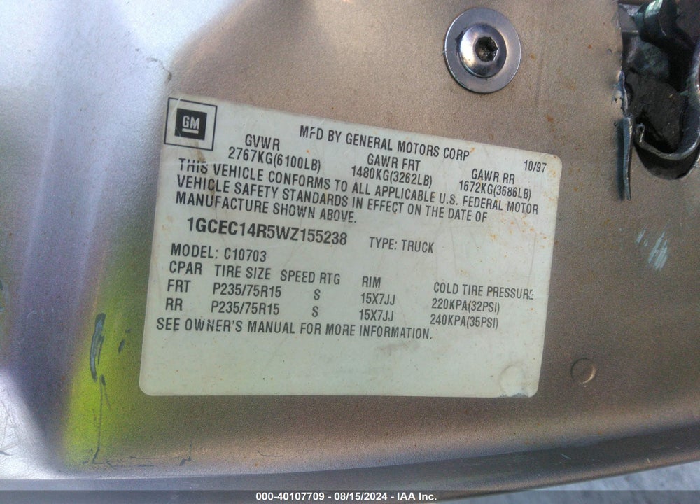 1998 CHEVROLET C1500 FLEETSIDE VIN: 1GCEC14R5WZ155238