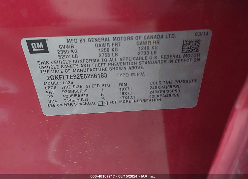 2014 GMC TERRAIN SLT-2 VIN: 2GKFLTE32E6286183