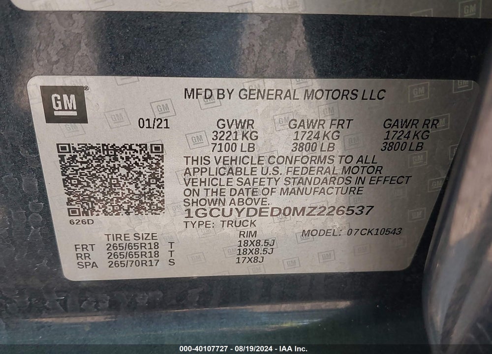 2021 CHEVROLET SILVERADO 1500 4WD SHORT BED LT VIN: 1GCUYDED0MZ226537