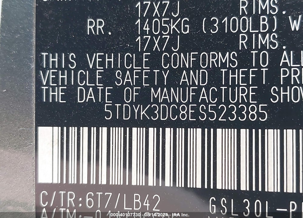 2014 TOYOTA SIENNA XLE V6 8 PASSENGER VIN: 5TDYK3DC8ES523385