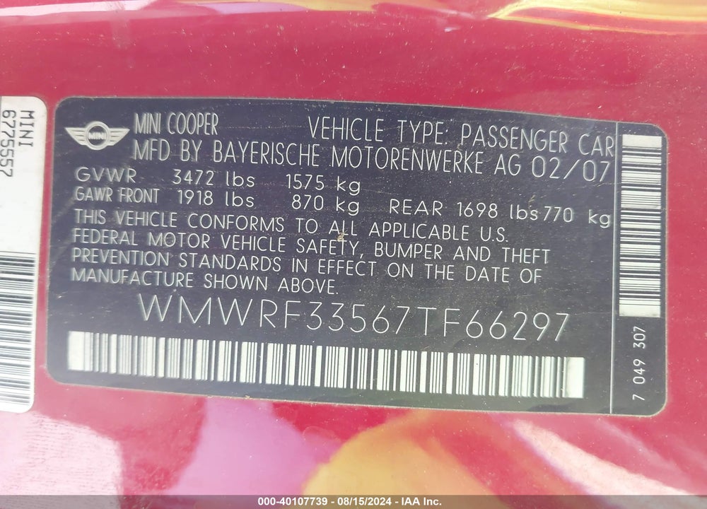 2007 MINI COOPER VIN: WMWRF33567TF66297