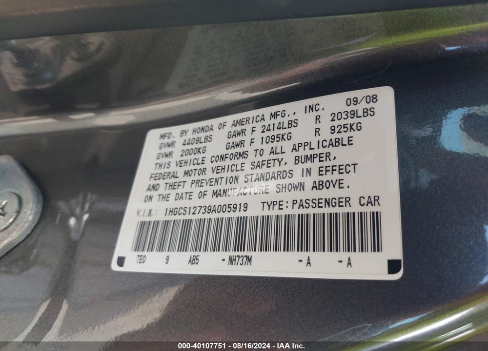2009 HONDA ACCORD 2.4 EX VIN: 1HGCS12739A005919
