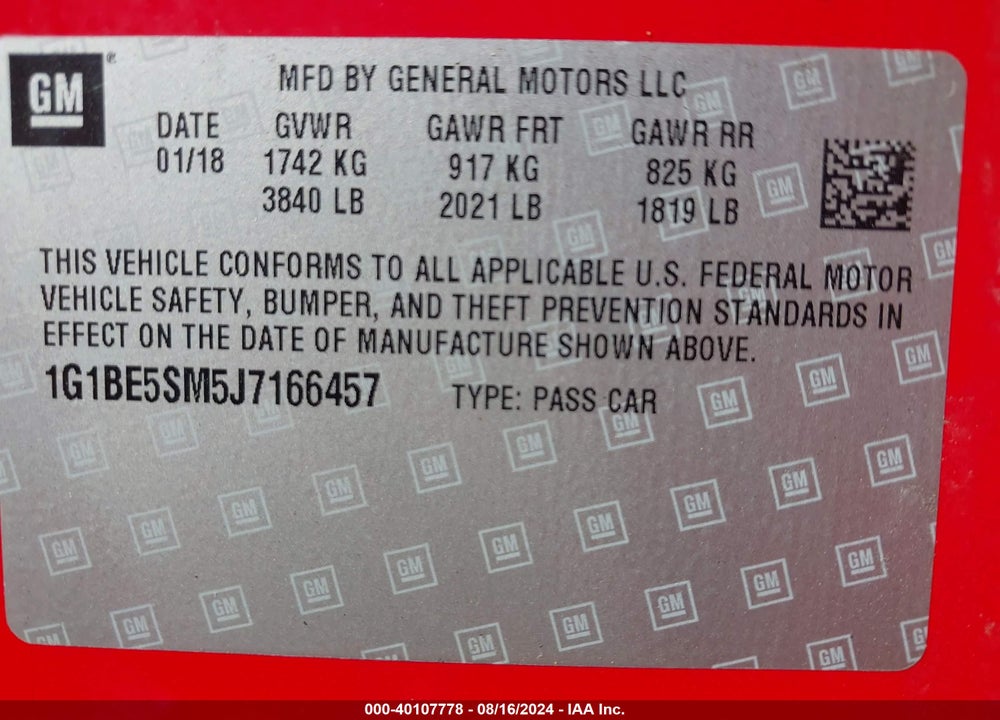 2018 CHEVROLET CRUZE LT AUTO VIN: 1G1BE5SM5J7166457