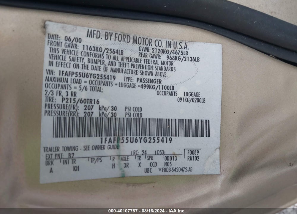 2000 FORD TAURUS SES VIN: 1FAFP55U6YG255419