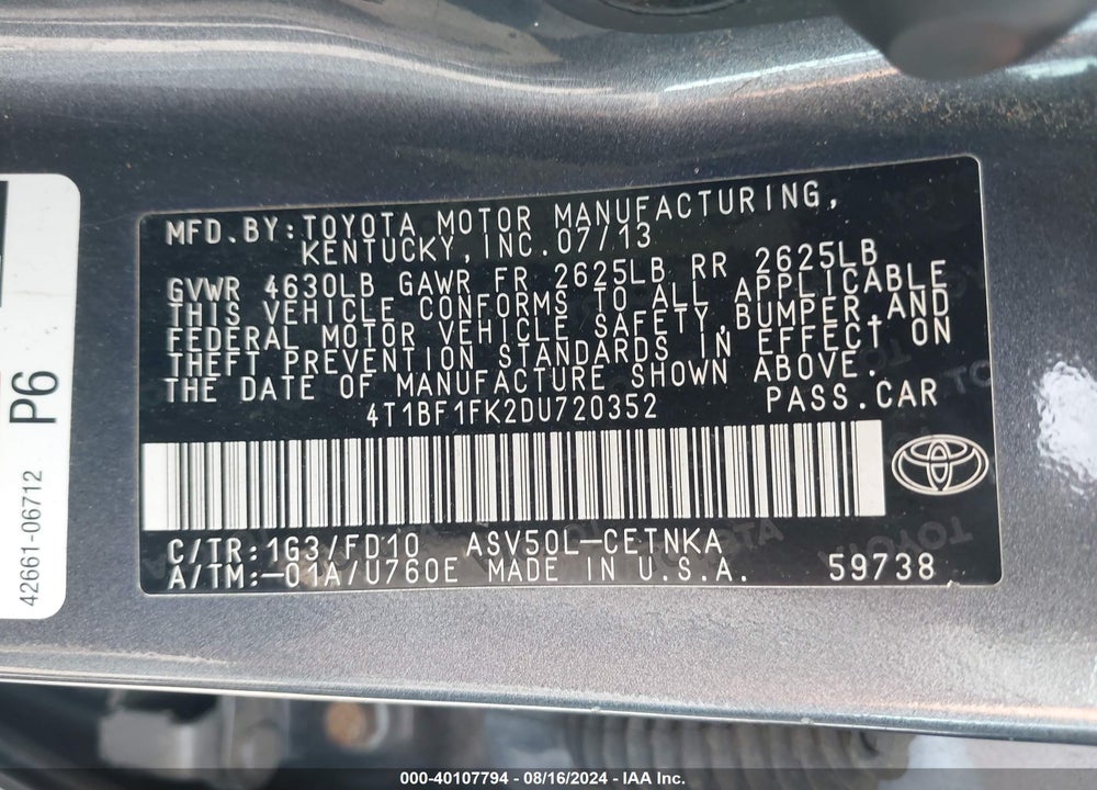 2013 TOYOTA CAMRY LE VIN: 4T1BF1FK2DU720352