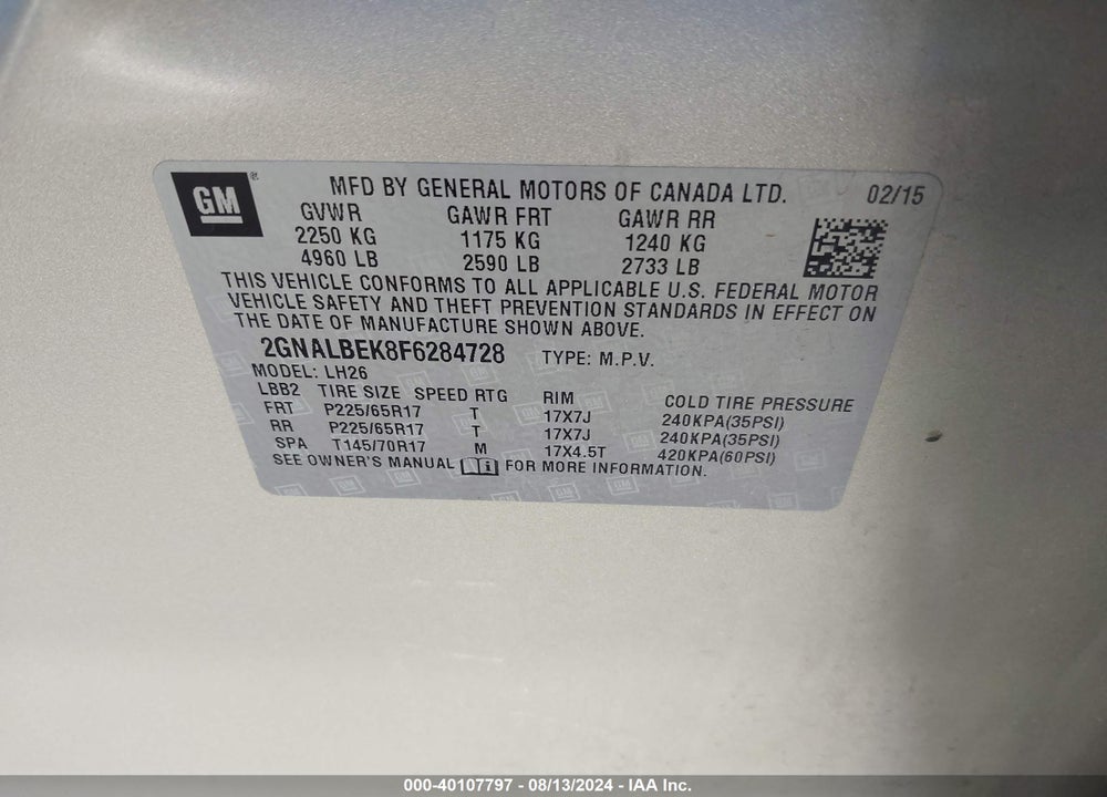2015 CHEVROLET EQUINOX 1LT VIN: 2GNALBEK8F6284728