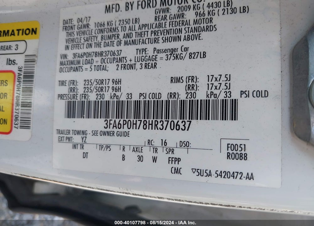 2017 FORD FUSION SE VIN: 3FA6P0H78HR370637
