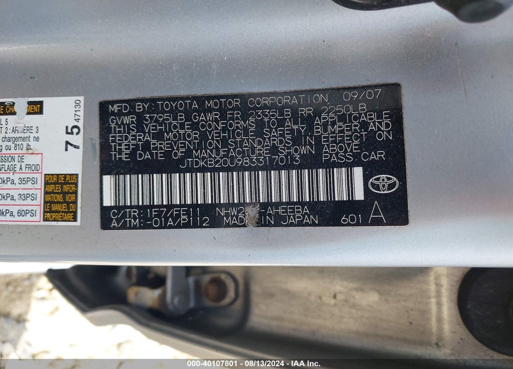 2008 TOYOTA PRIUS VIN: JTDKB20U983317013