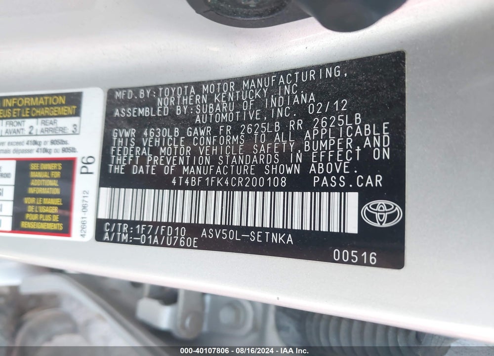 2012 TOYOTA CAMRY LE VIN: 4T4BF1FK4CR200108