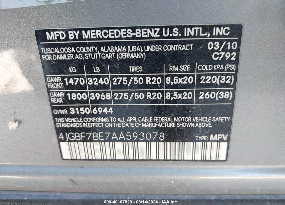 2010 MERCEDES-BENZ GL 450 4MATIC VIN: 4JGBF7BE7AA593078