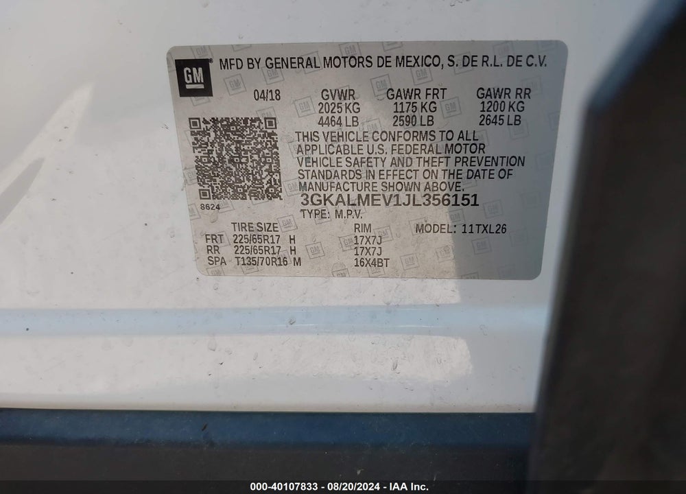 2018 GMC TERRAIN SLE VIN: 3GKALMEV1JL356151