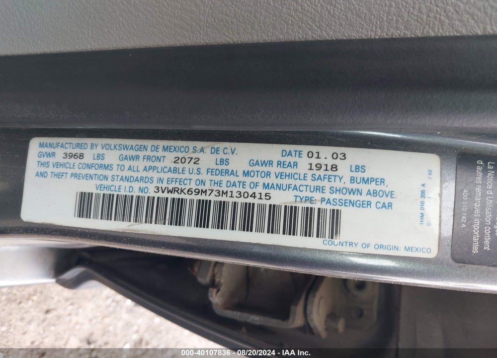 2003 VOLKSWAGEN JETTA GL VIN: 3VWRK69M73M130415