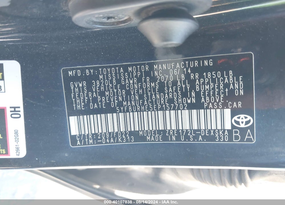 2014 TOYOTA COROLLA S PLUS VIN: 5YFBURHE5EP157702