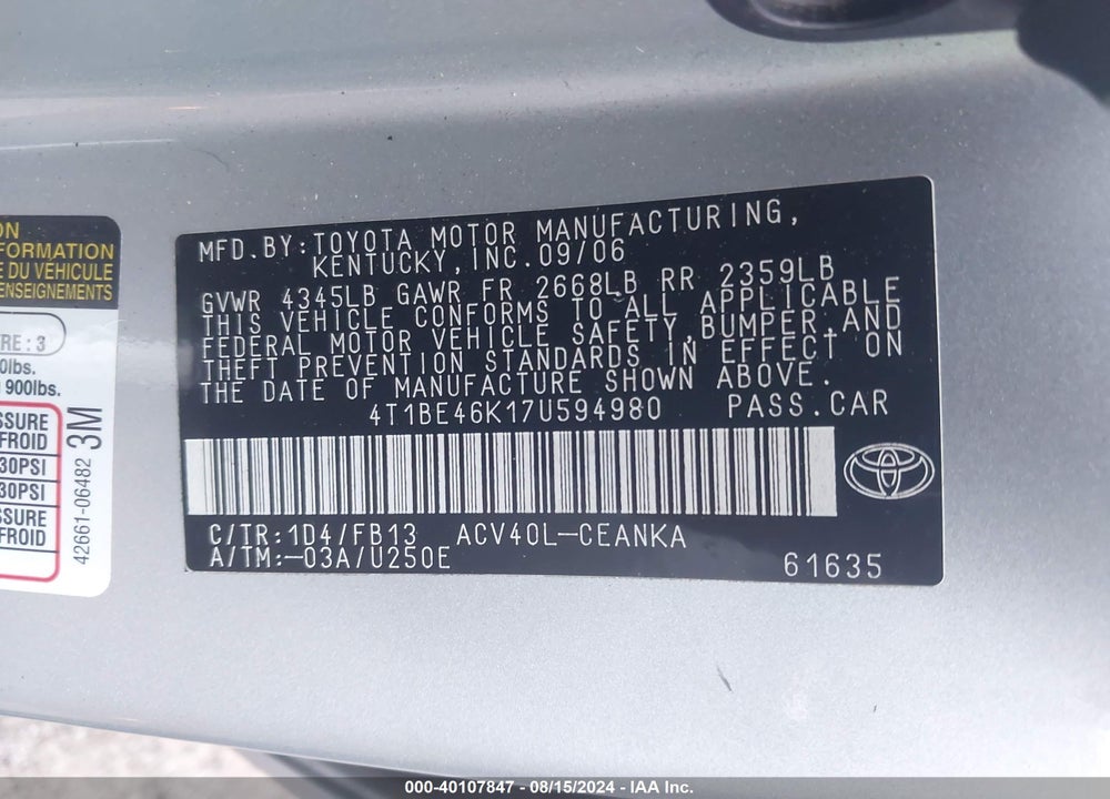 2007 TOYOTA CAMRY LE VIN: 4T1BE46K17U594980