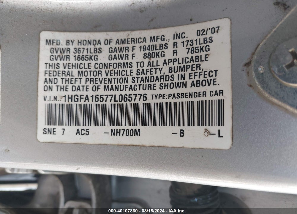 2007 HONDA CIVIC LX VIN: 1HGFA16577L065776