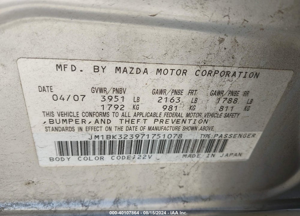 2007 MAZDA 3 S GRAND TOURING/S SPORT/S TOURING VIN: JM1BK323971751078