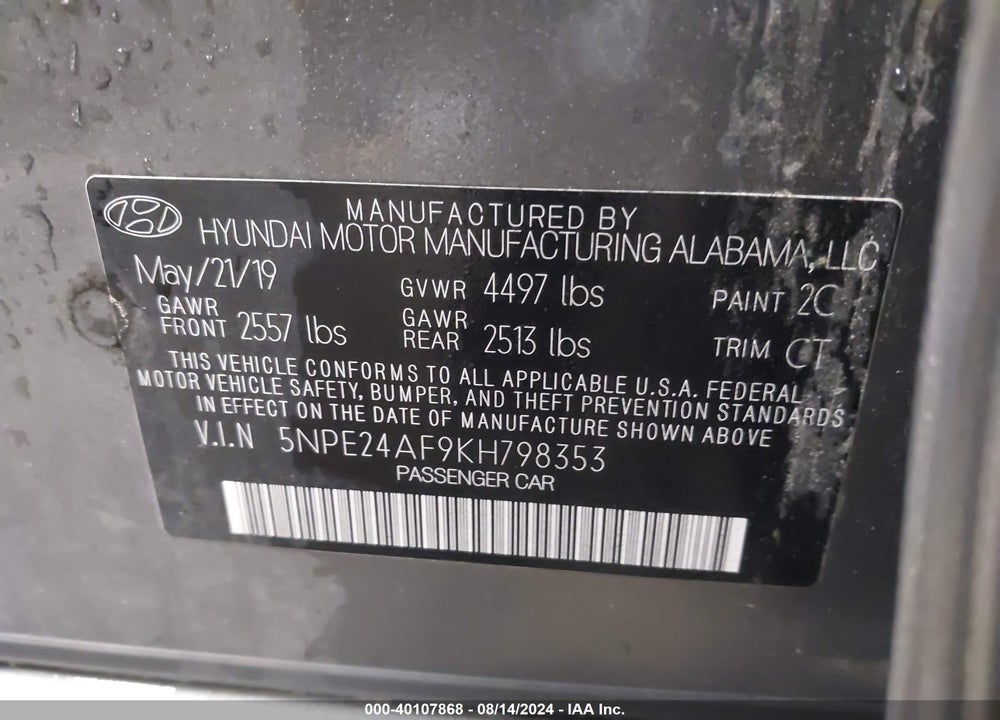 2019 HYUNDAI SONATA SE VIN: 5NPE24AF9KH798353
