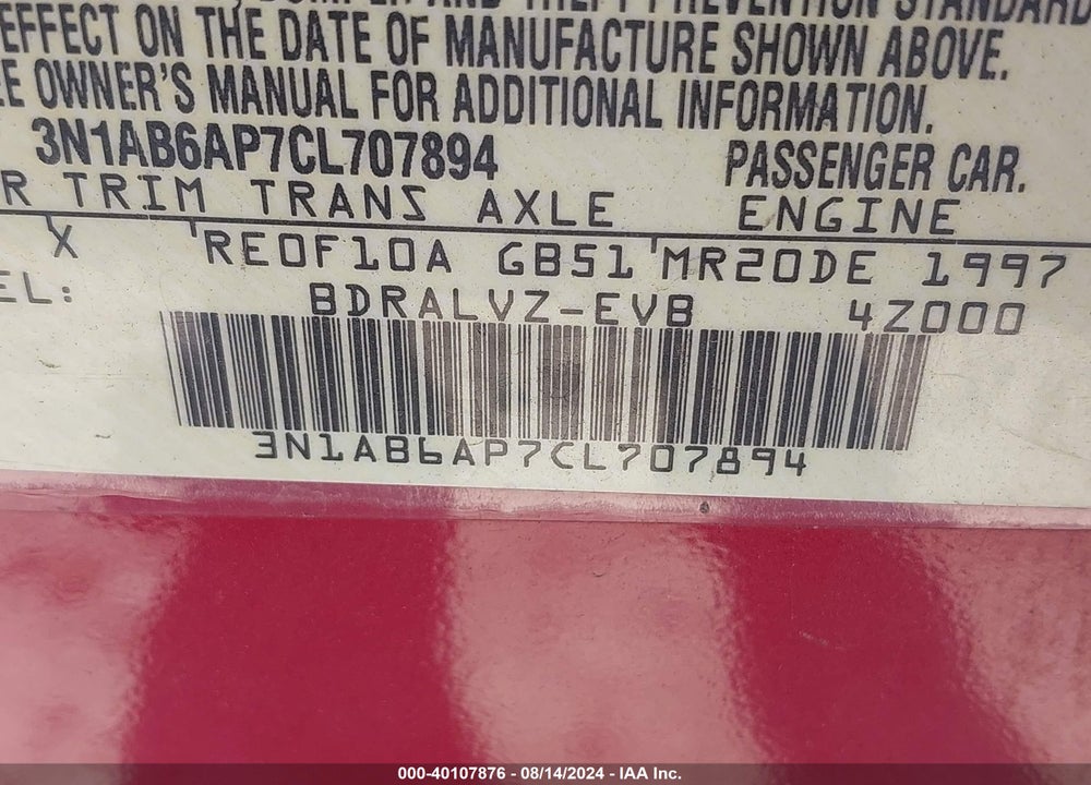 2012 NISSAN SENTRA VIN: 3N1AB6AP7CL707894