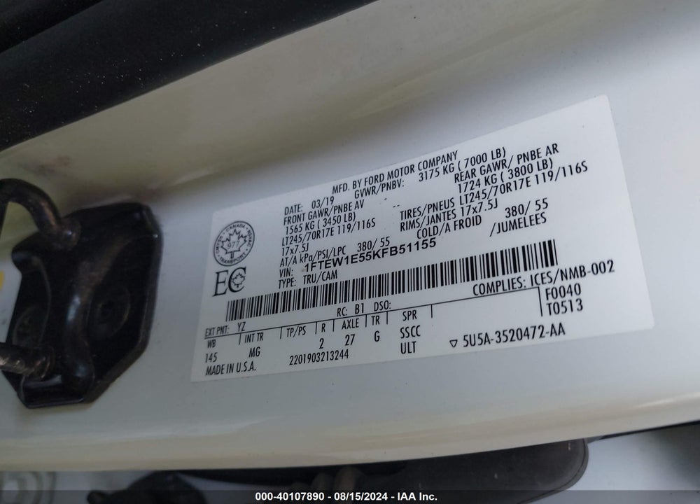2019 FORD F-150 XLT VIN: 1FTEW1E55KFB51155