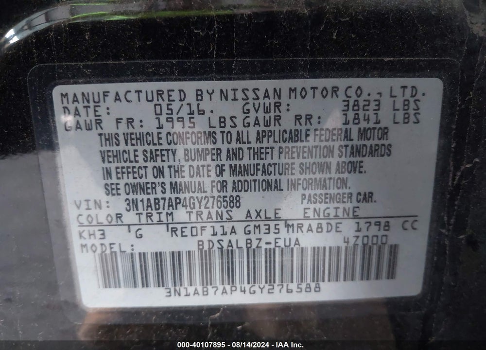 2016 NISSAN SENTRA FE+ S/S/SL/SR/SV VIN: 3N1AB7AP4GY276588