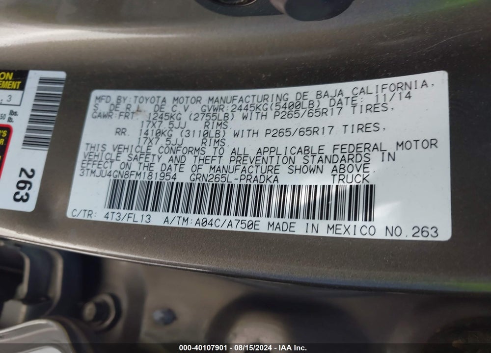2015 TOYOTA TACOMA PRERUNNER V6 VIN: 3TMJU4GN8FM181954
