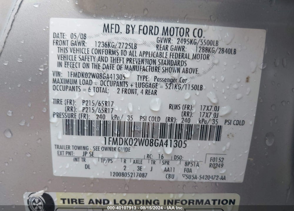 2008 FORD TAURUS X SEL VIN: 1FMDK02W08GA41305