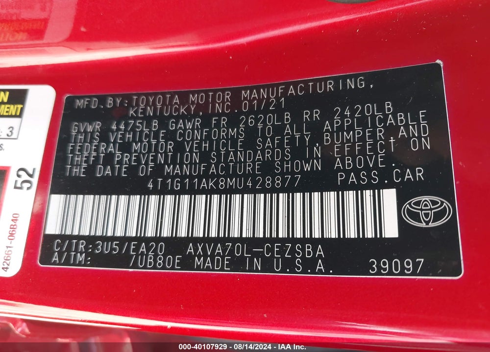 2021 TOYOTA CAMRY SE VIN: 4T1G11AK8MU428877