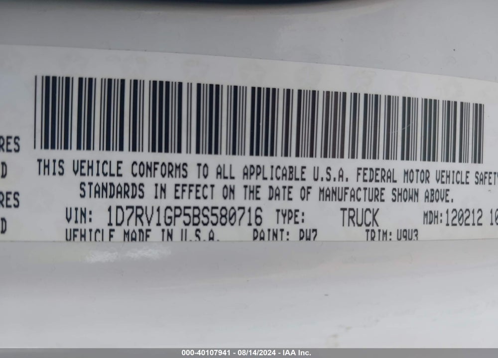 2011 RAM 1500 SLT VIN: 1D7RV1GP5BS580716