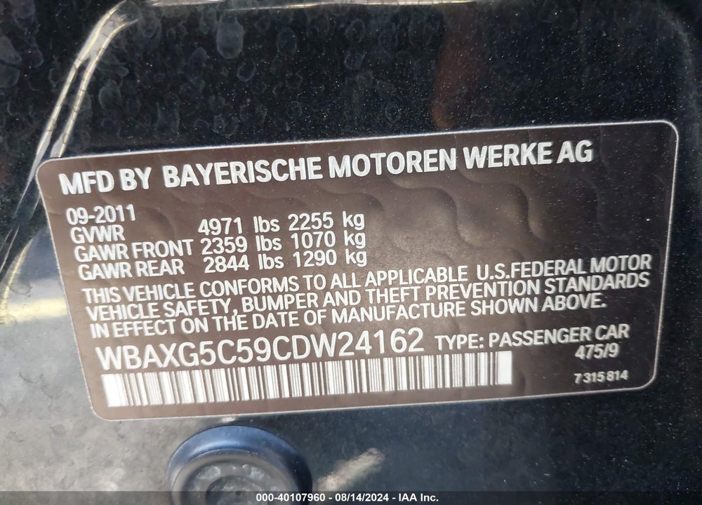 2012 BMW 528I VIN: WBAXG5C59CDW24162