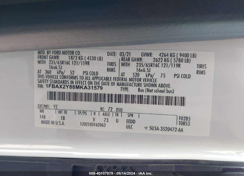 2021 FORD TRANSIT PASSENGER XLT VIN: 1FBAX2Y88MKA31579