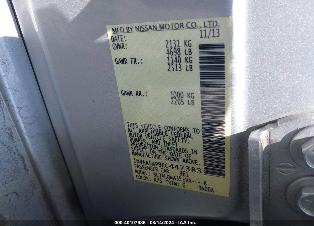 2014 NISSAN MAXIMA 3.5 S/3.5 SV VIN: 1N4AA5AP9EC447383