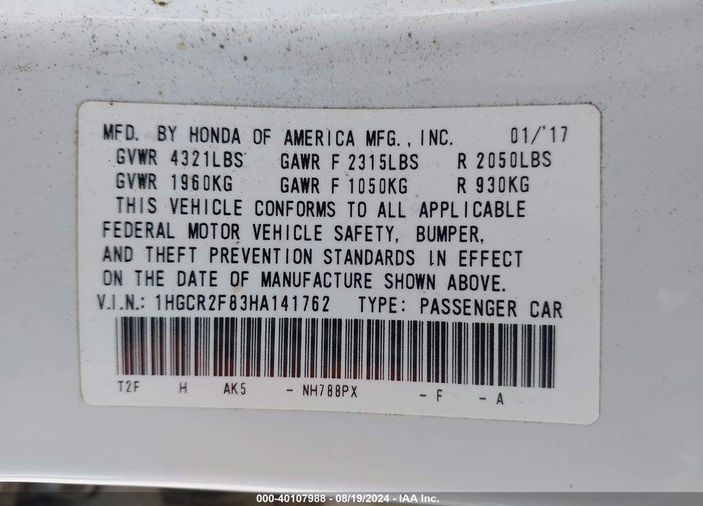 2017 HONDA ACCORD EX-L VIN: 1HGCR2F83HA141762