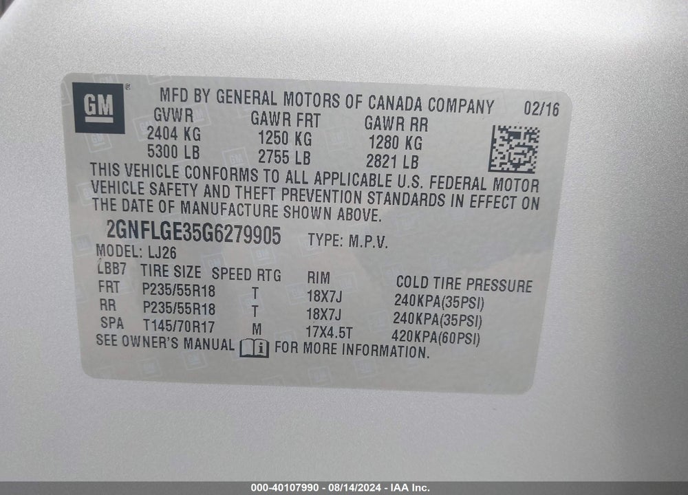 2016 CHEVROLET EQUINOX LTZ VIN: 2GNFLGE35G6279905