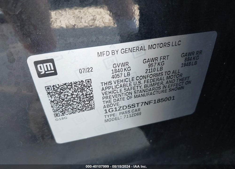 2022 CHEVROLET MALIBU FWD LT VIN: 1G1ZD5ST7NF185001