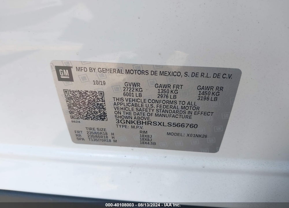 2020 CHEVROLET BLAZER AWD 2LT VIN: 3GNKBHRSXLS566760