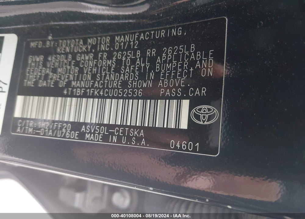 2012 TOYOTA CAMRY SE VIN: 4T1BF1FK4CU052536
