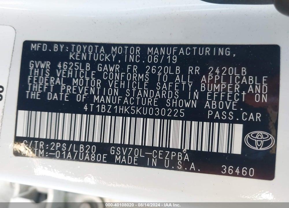 2019 TOYOTA CAMRY XSE V6 VIN: 4T1BZ1HK5KU030225