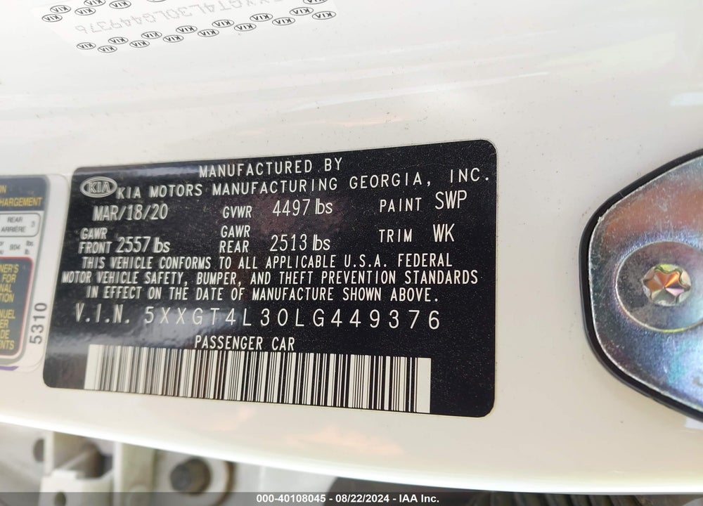 2020 KIA OPTIMA SE VIN: 5XXGT4L30LG449376