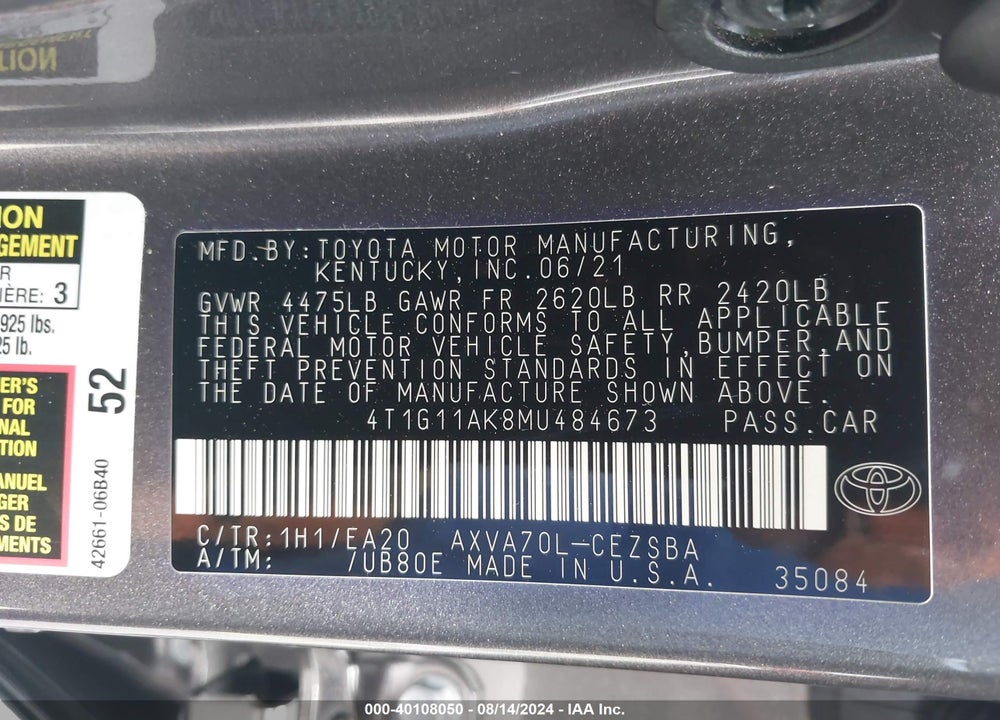 2021 TOYOTA CAMRY SE VIN: 4T1G11AK8MU484673