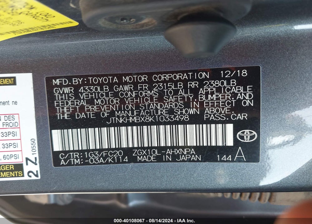 2019 TOYOTA C-HR LE VIN: JTNKHMBX8K1033498