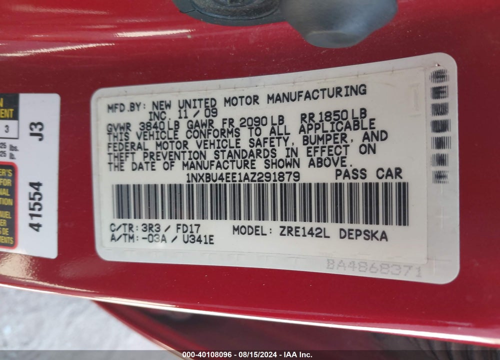 2010 TOYOTA COROLLA S VIN: 1NXBU4EE1AZ291879