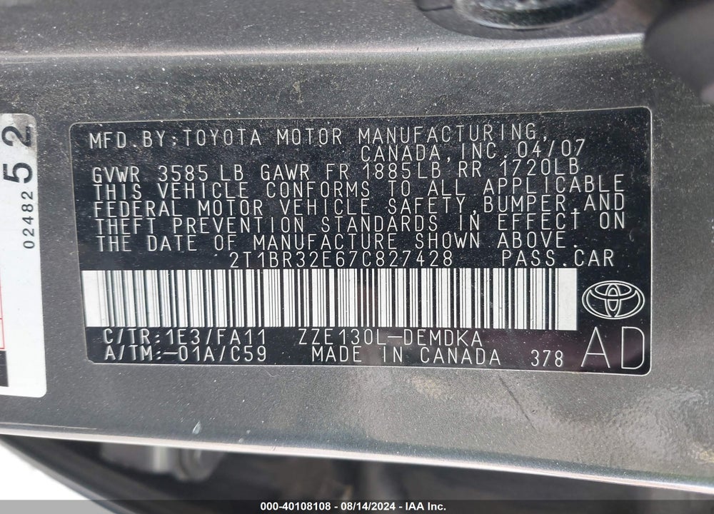 2007 TOYOTA COROLLA CE VIN: 2T1BR32E67C827428