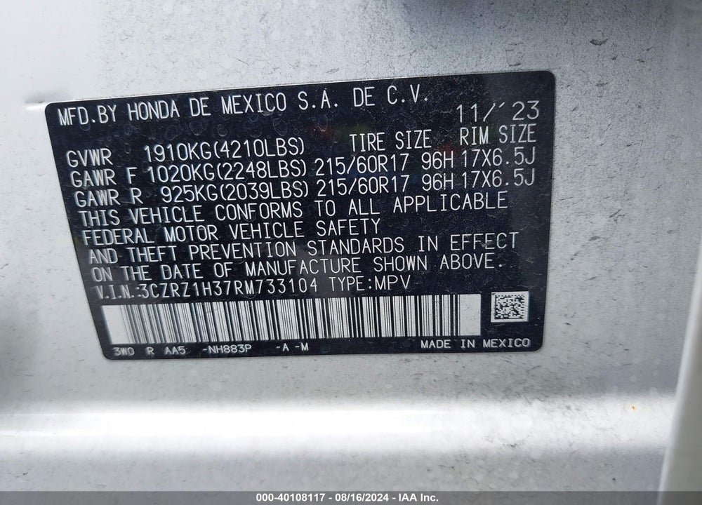 2024 HONDA HR-V VIN: 3CZRZ1H37RM733104